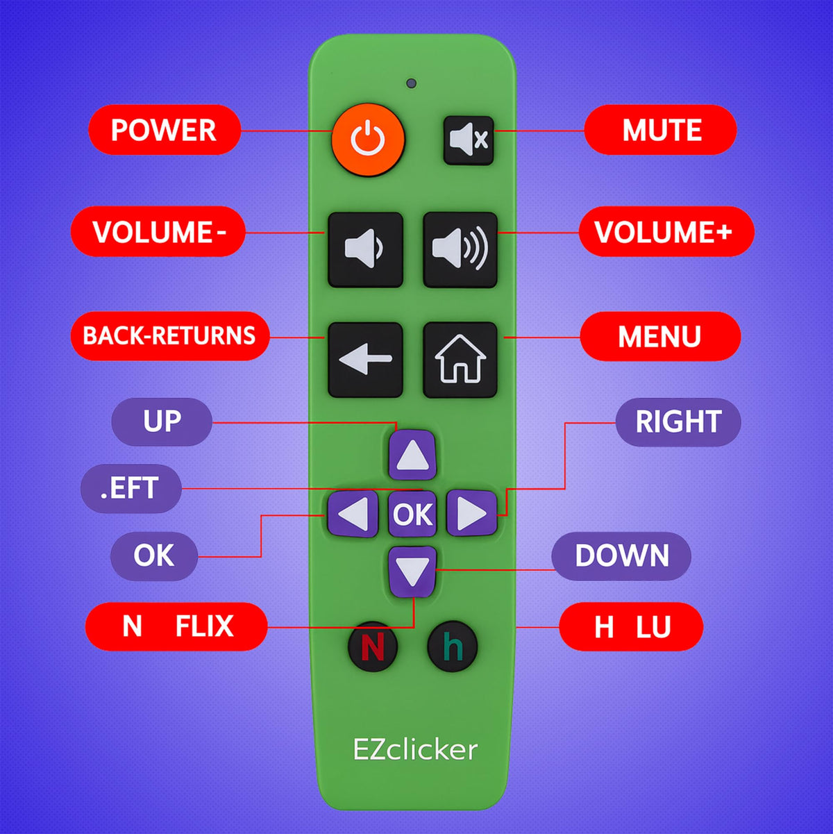 EZClicker Roku remote green batteries not included reminder.