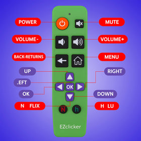 EZClicker Roku remote green batteries not included reminder.