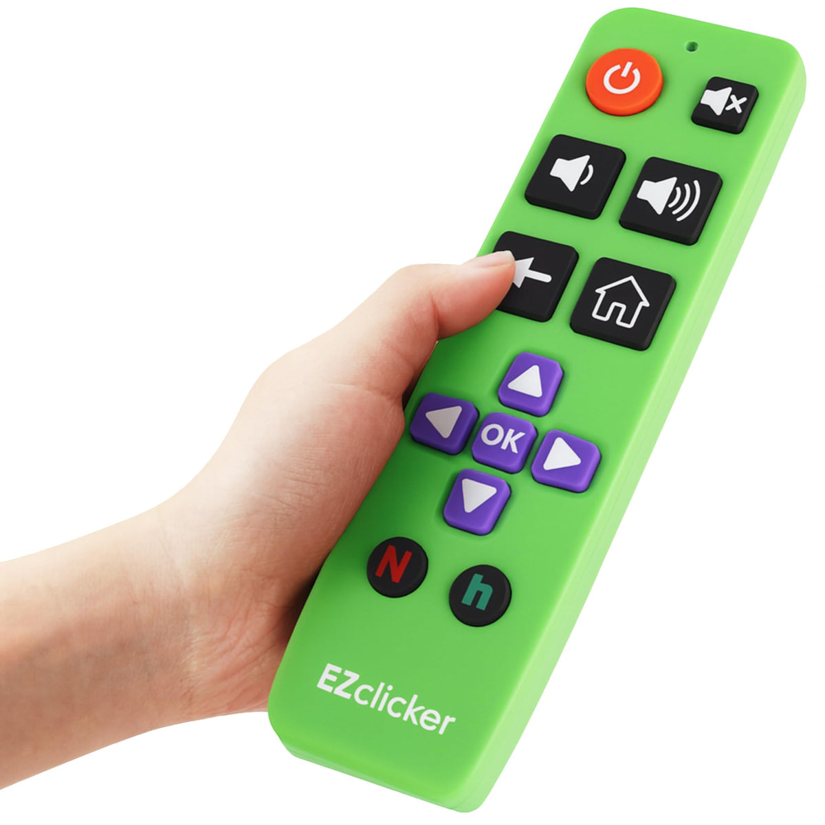 EZClicker Roku remote green big button for effortless navigation and accessibility.