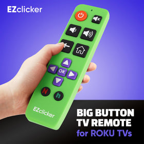 EZClicker Roku remote green buttons closeup showing tactile feedback for seniors.