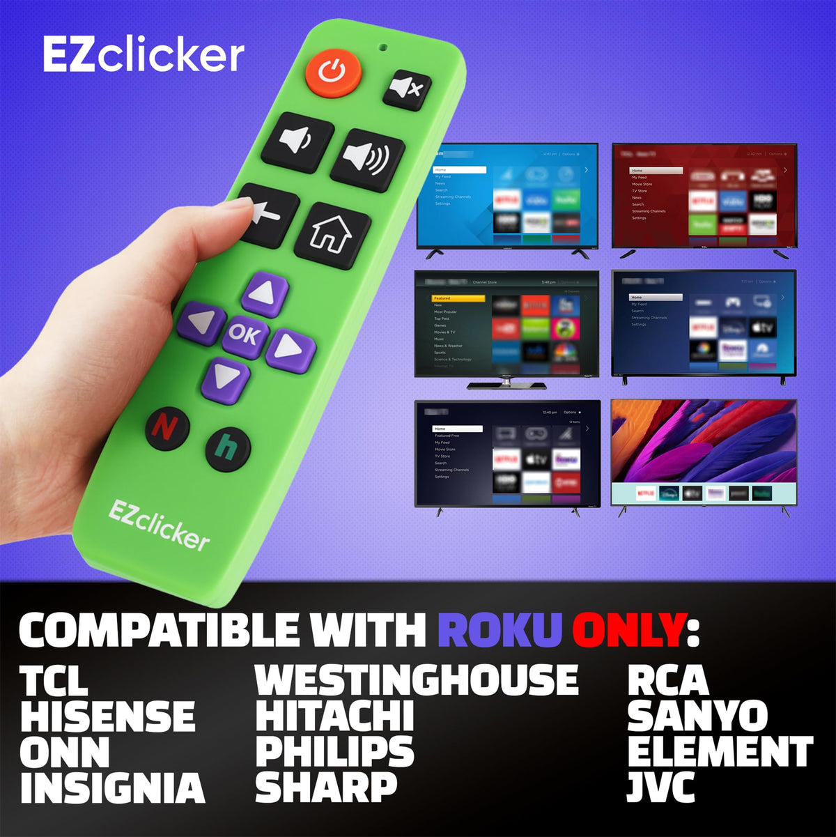 EZClicker Roku remote green compact design fits easily in hand.