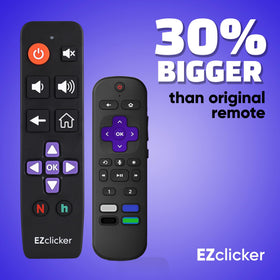 EZClicker Roku remote highlights Roku TV only compatibility for simplified control.
