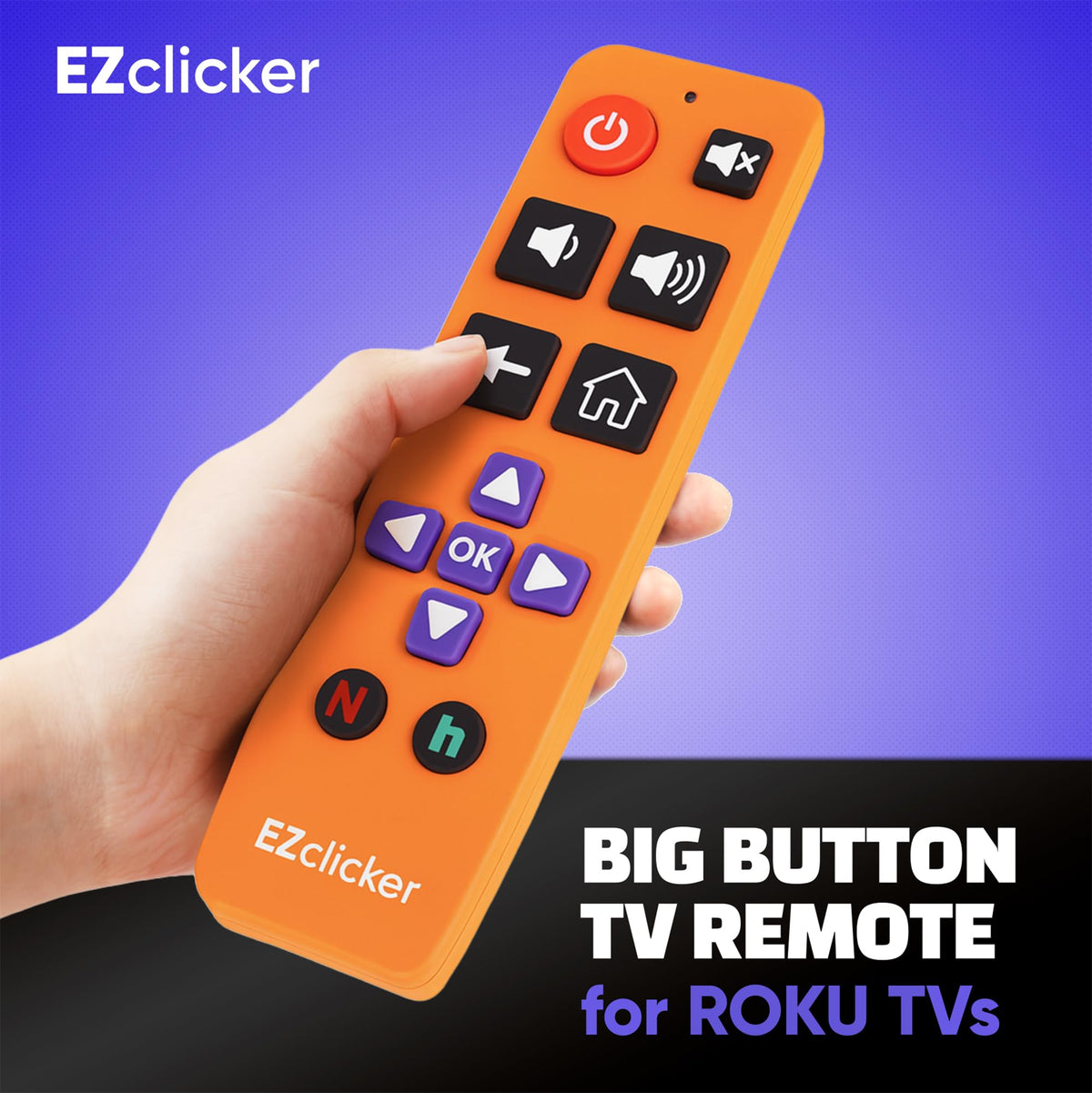 EZClicker orange remote close-up highlights tactile buttons for confident navigation.