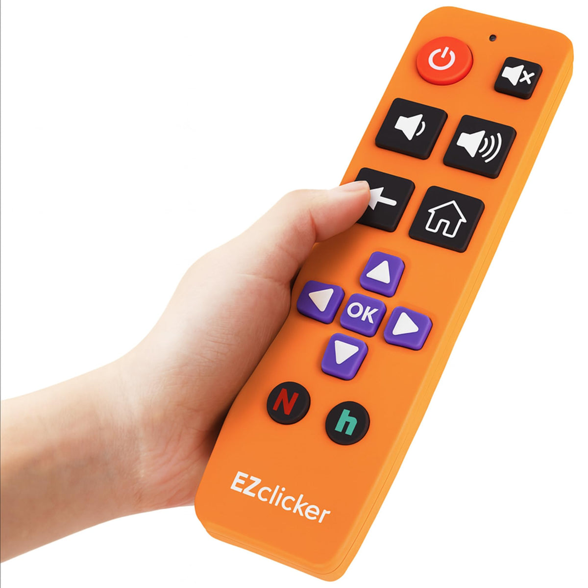 EZClicker Roku remote orange front view highlighting large-button design for easy use.