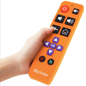 EZClicker Roku remote orange front view highlighting large-button design for easy use.
