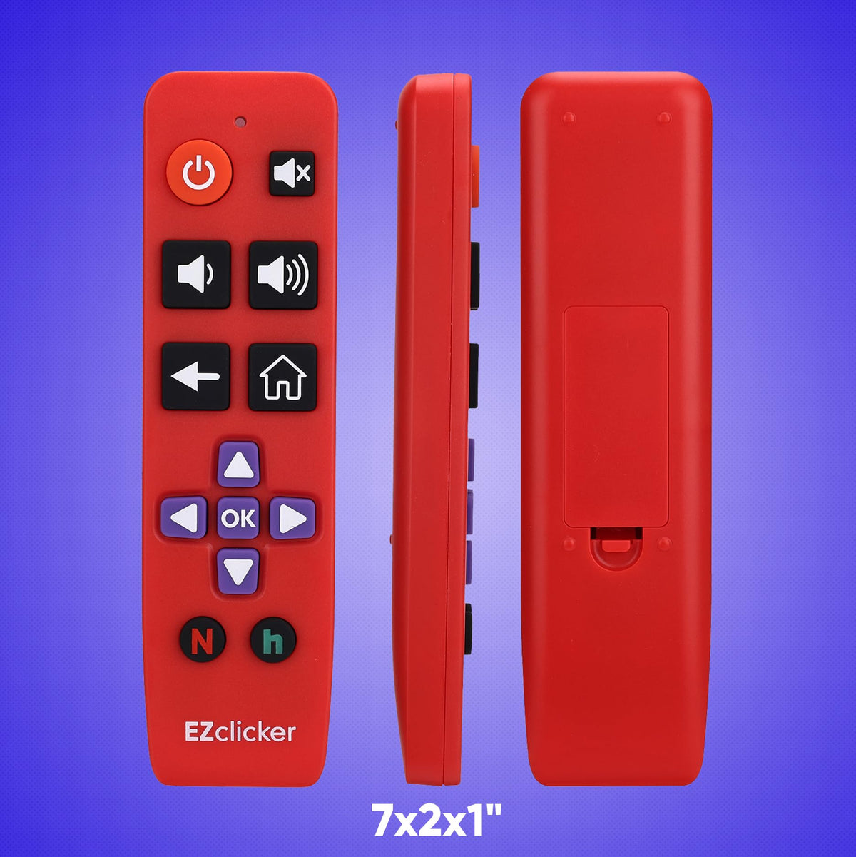 EZClicker Roku red back view highlights slim, comfortable profile.