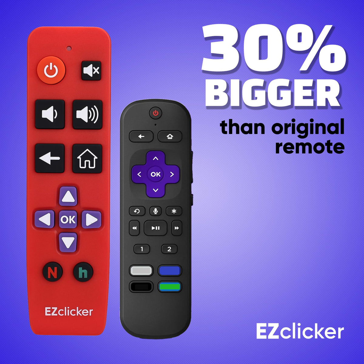 EZClicker Roku red remote held in hand for easy grip.