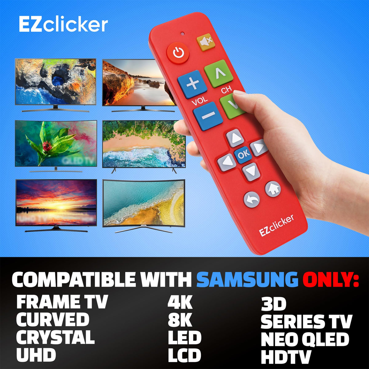 EZClicker remote battery compartment visible for quick 2xAAA setup.