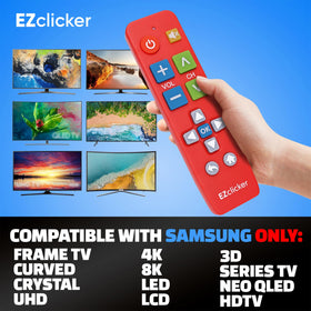 EZClicker remote battery compartment visible for quick 2xAAA setup.