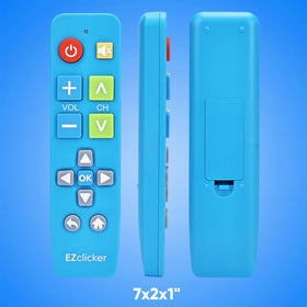 EZClicker Samsung remote blue battery compartment shows two AAA batteries required.