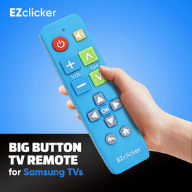 EZClicker Samsung remote blue big-buttons close-up highlighting tactile Enter key and accessibility.