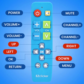 EZClicker Samsung remote blue compact design fits neatly on a coffee table.