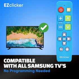 EZClicker Samsung remote blue enter button close-up emphasizing simple selection.