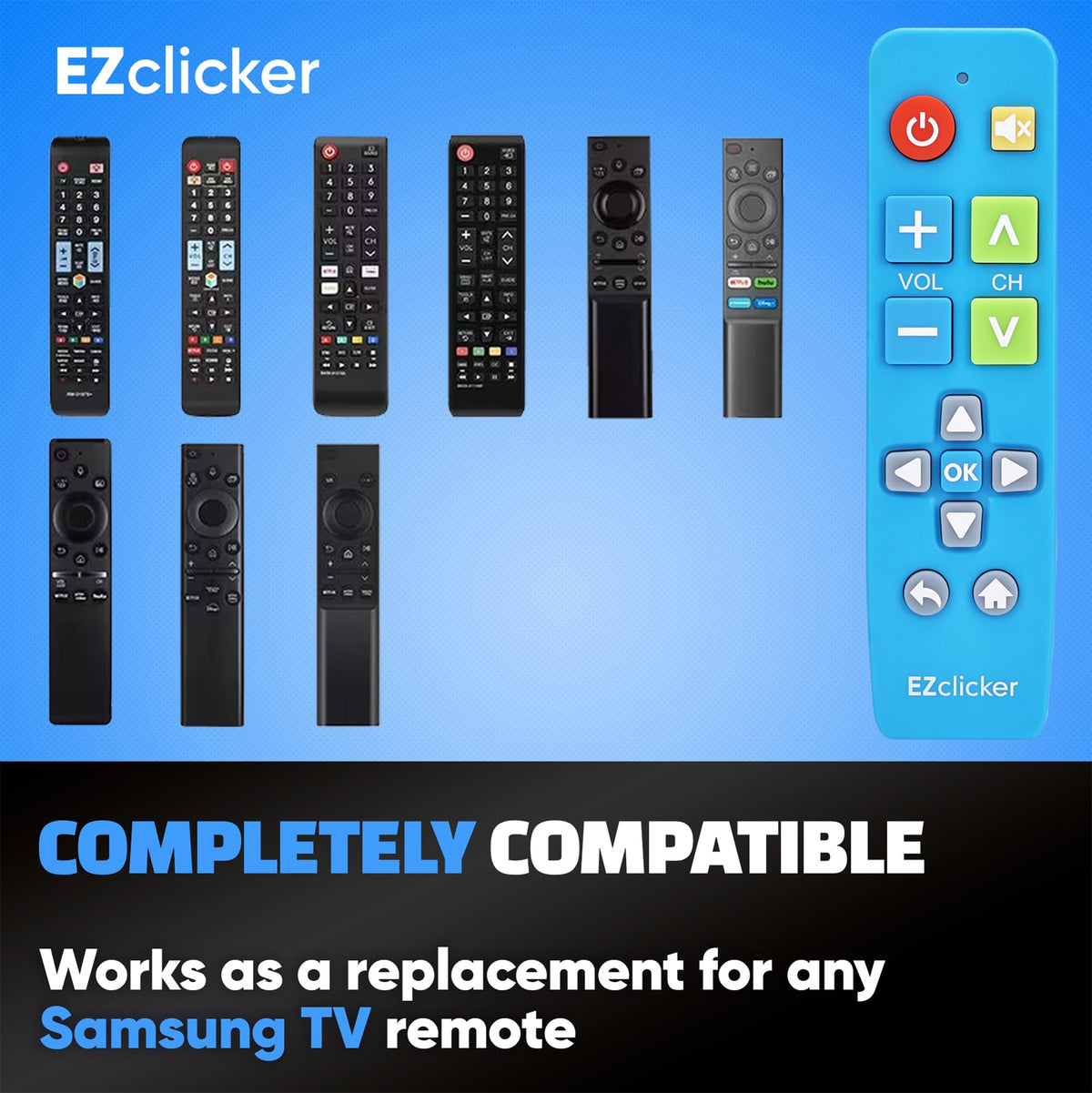 EZClicker Samsung remote blue in-hand demonstrates easy grip for seniors.