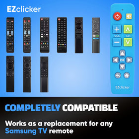 EZClicker Samsung remote blue in-hand demonstrates easy grip for seniors.