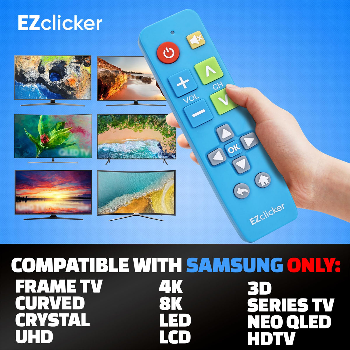 EZClicker Samsung remote blue side profile shows compact, lightweight design.