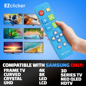 EZClicker Samsung remote blue side profile shows compact, lightweight design.