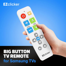 EZClicker remote close-up of the big enter button for simple controls.