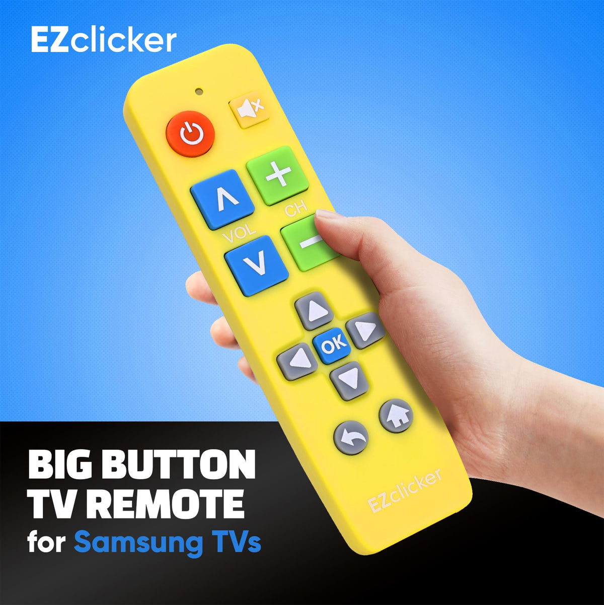 EZClicker remote front view highlights oversized buttons for simplified navigation.
