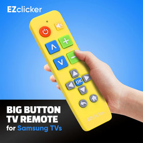 EZClicker remote front view highlights oversized buttons for simplified navigation.