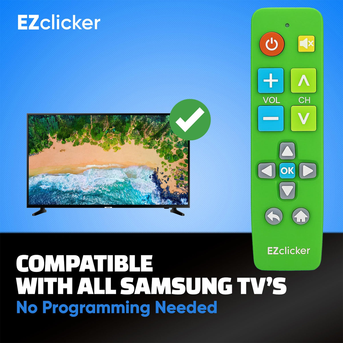 EZClicker remote buttons closeup emphasizes tactile feedback and big enter button.
