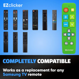 EZClicker remote in use demonstrates easy one-handed operation on living room couch.
