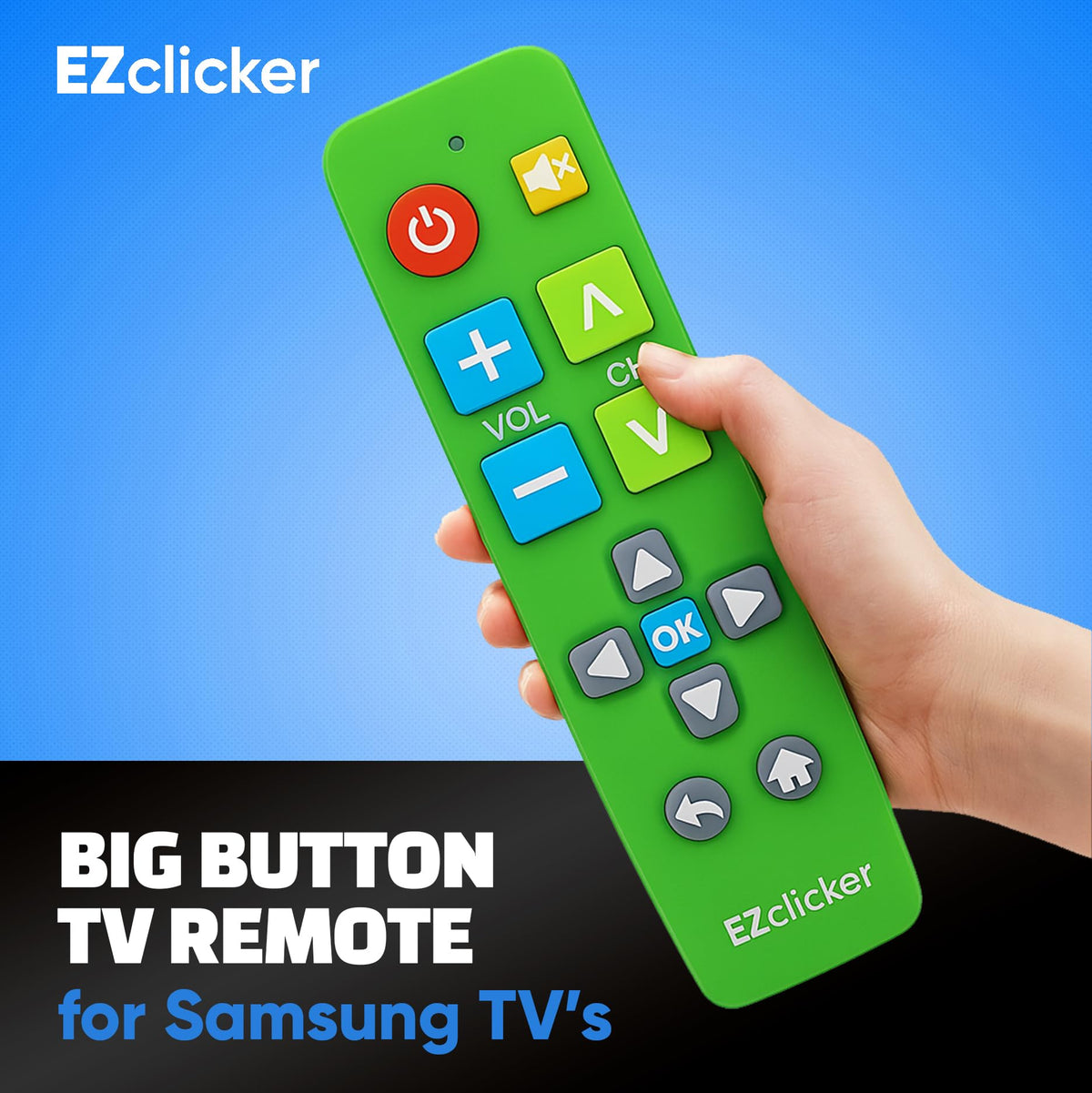 EZClicker remote side profile in green highlights ergonomic grip for comfortable handling.