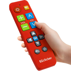 EZClicker Samsung remote in hand with easy grip for seniors.