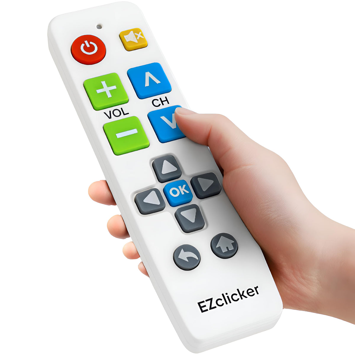 EZClicker Samsung remote with a large front button for easy TV navigation.