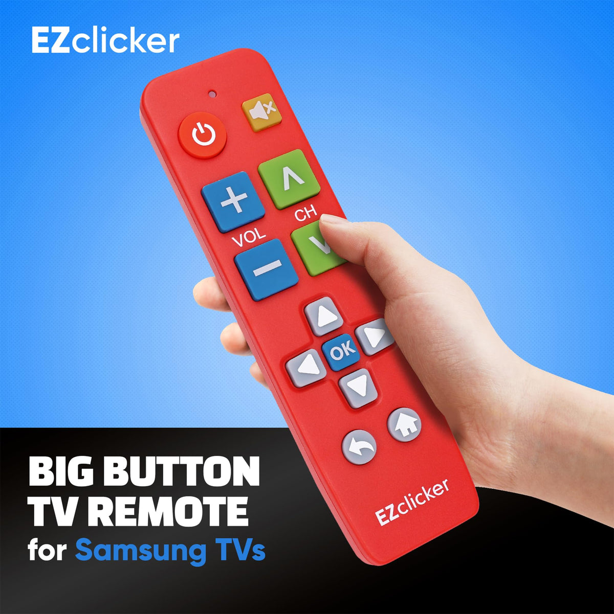 EZClicker remote shows large buttons for simple TV control.