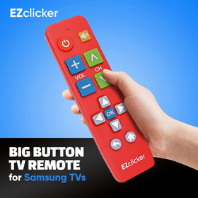 EZClicker remote shows large buttons for simple TV control.