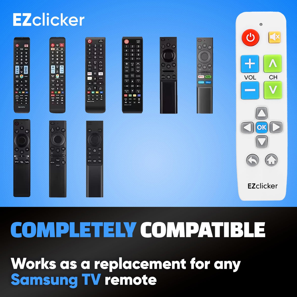 EZClicker remote highlights Samsung compatibility and no-programming setup.