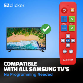 EZClicker remote ready for immediate use with Samsung TV; no setup required.