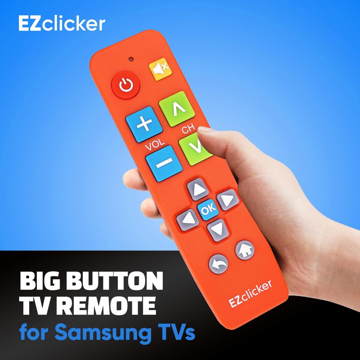EZClicker Samsung remote orange back view highlights grip and ergonomics for seniors