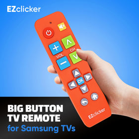 EZClicker Samsung remote orange back view highlights grip and ergonomics for seniors