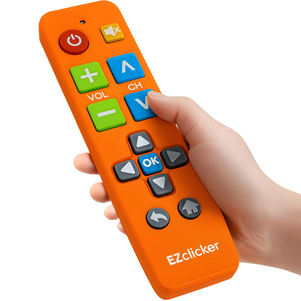 EZClicker Samsung remote orange front view shows large buttons for easy use