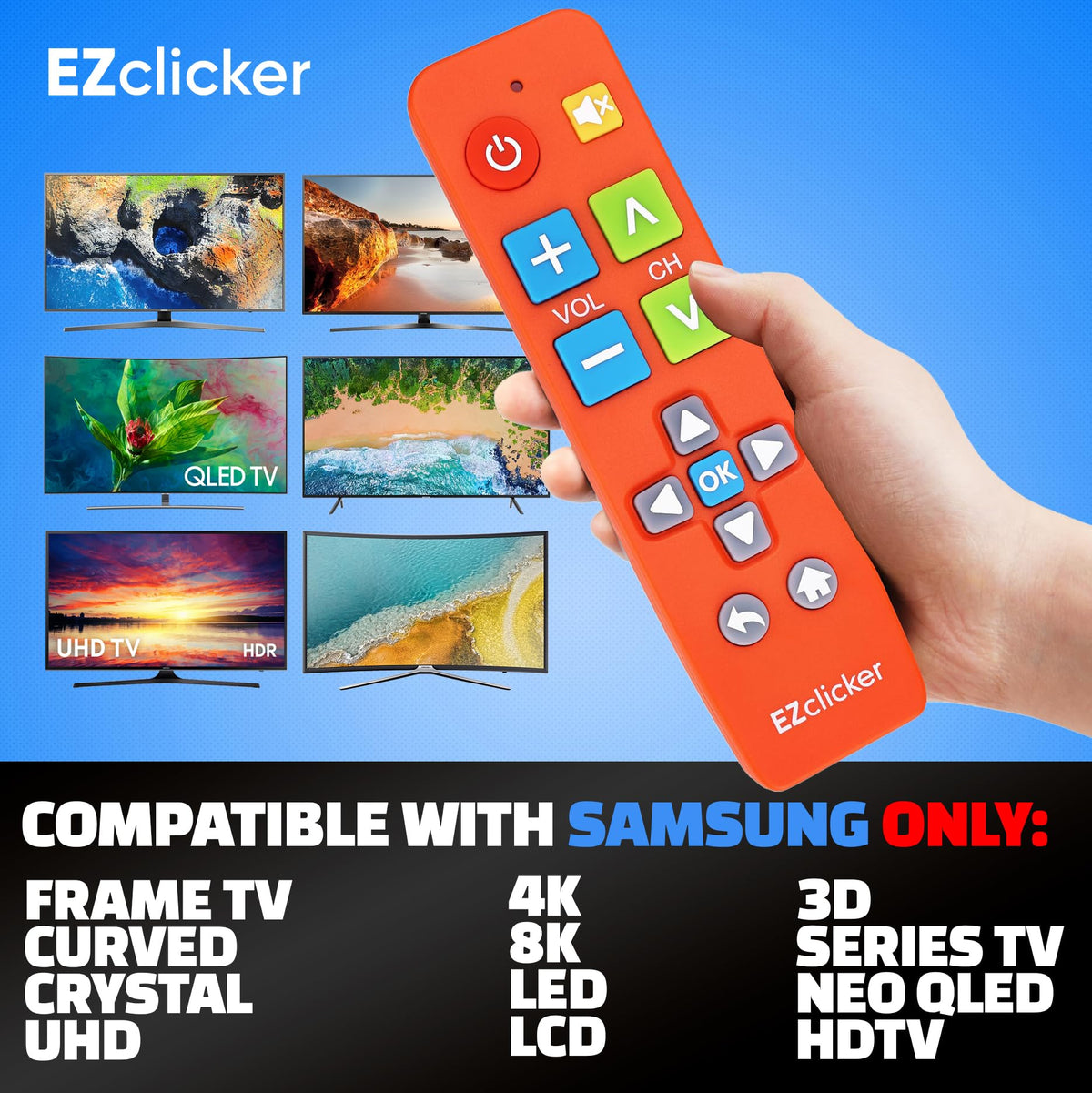 Person holds EZClicker orange remote demonstrating comfortable handling