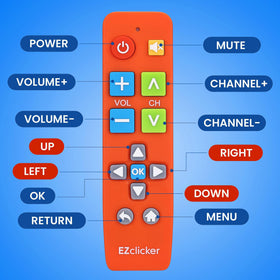 EZClicker orange remote on table ready for quick TV control
