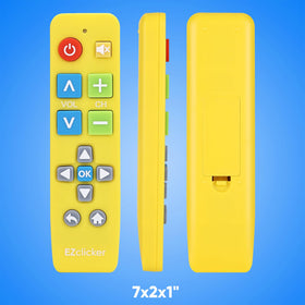 Retail packaging displayed for EZClicker yellow Samsung remote.