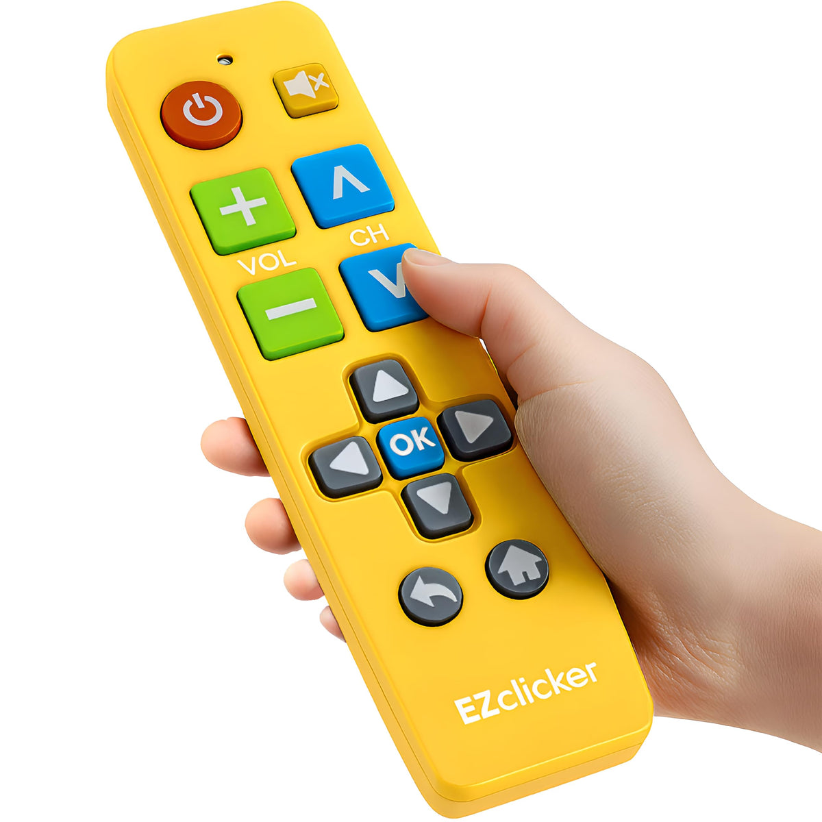 EZClicker Samsung remote with yellow big-button design simplifies use for seniors.