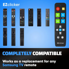 EZClicker Samsung remote held in hand highlights compact, lightweight design for easy handling