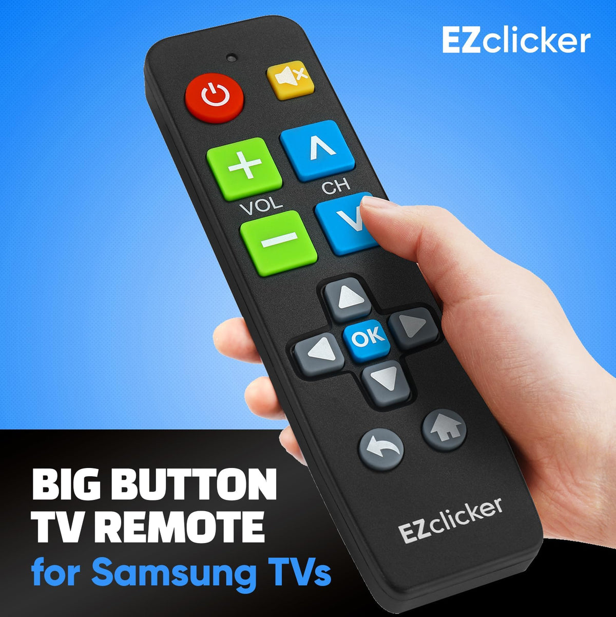 EZClicker remote top view shows oversized keypad for easy navigation