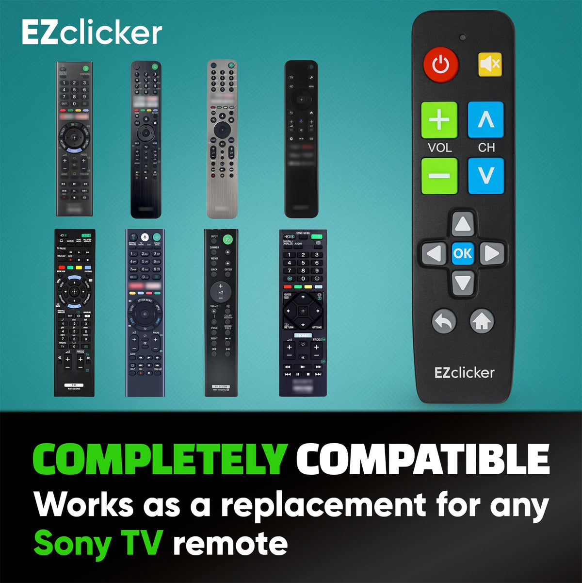 EZClicker Sony remote front view indicating no programming needed.