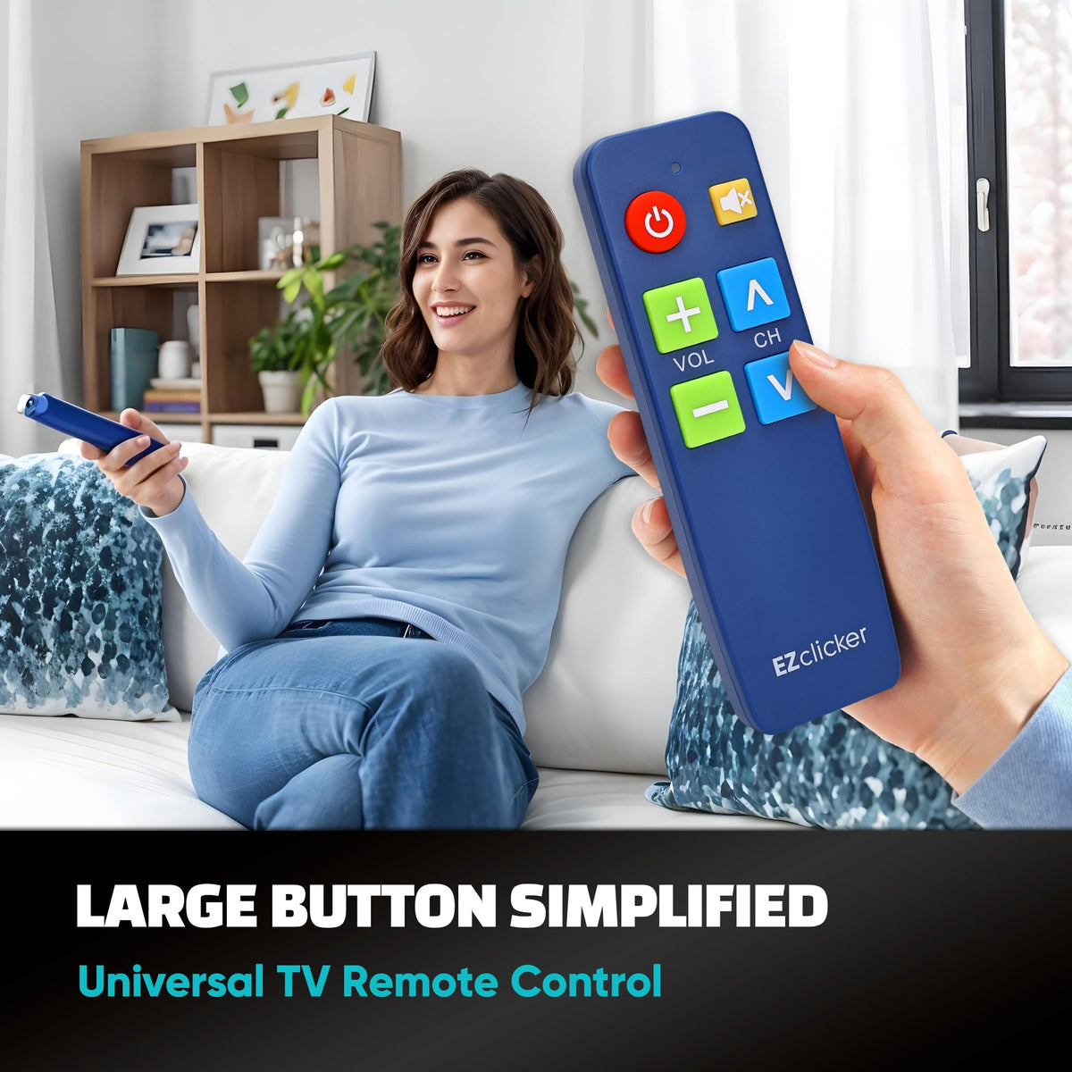 Closeup of EZClicker remote big buttons for tactile feedback and simple use.