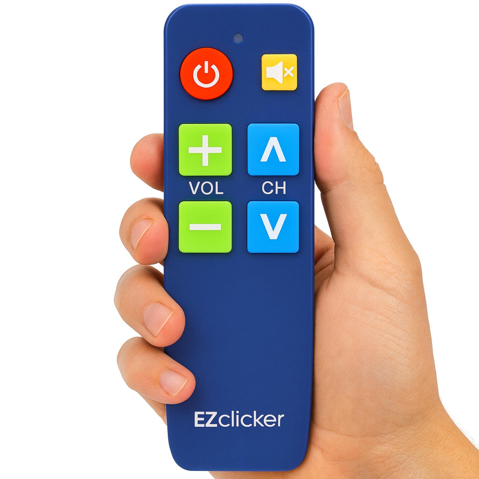 EZClicker remote with large buttons shown on the front for easy viewing.