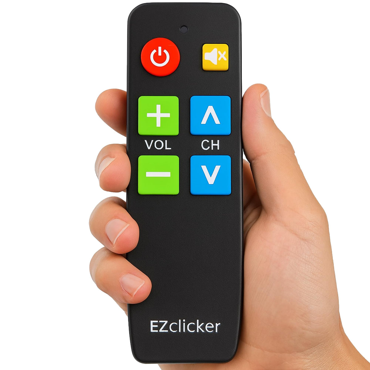EZClicker TV remote front view with oversized buttons for easy senior use