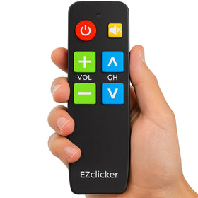 EZClicker TV remote front view with oversized buttons for easy senior use