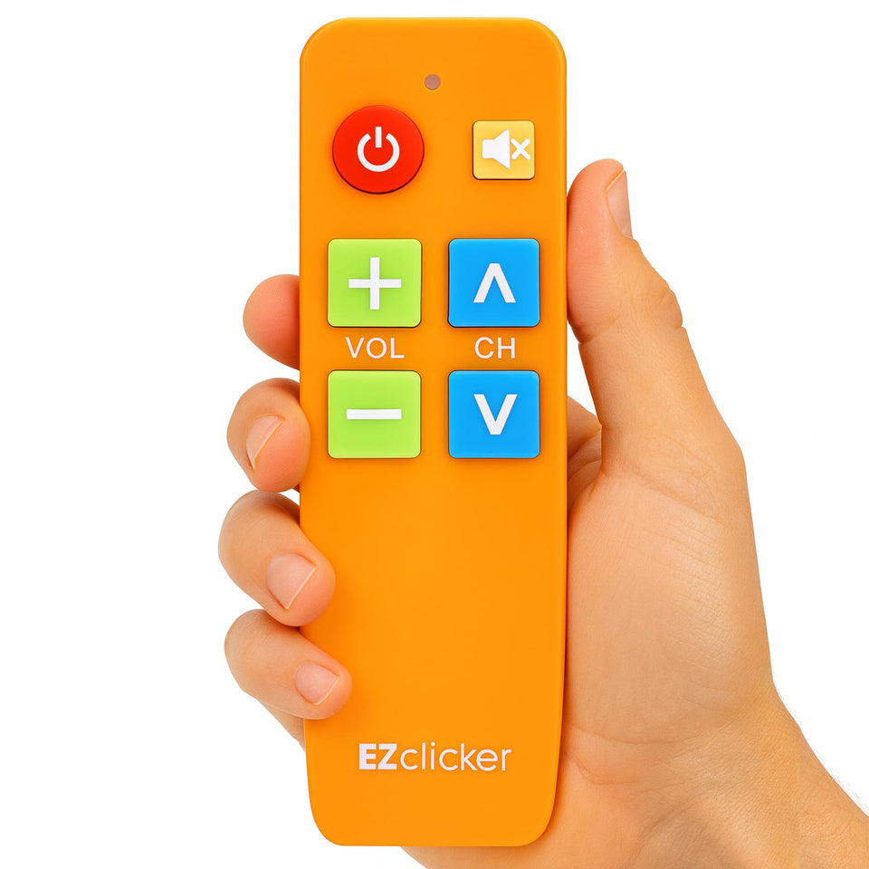 EZClicker TV remote front view with large buttons for easy navigation