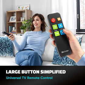 EZClicker remote side view shows slim, easy-grip design for reduced effort