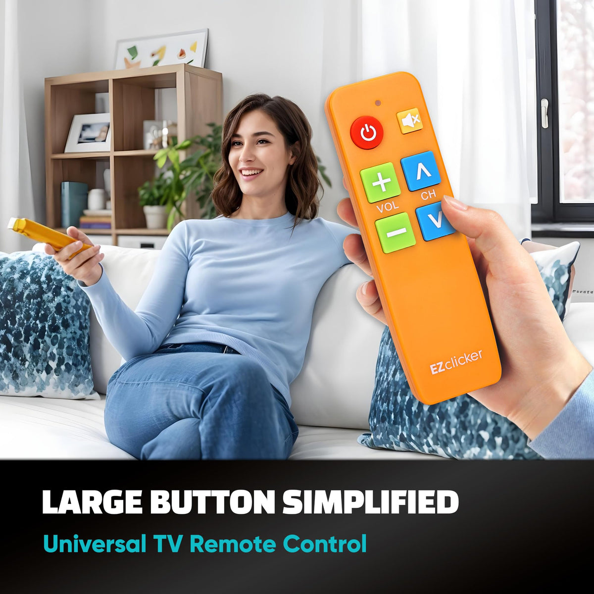 EZClicker orange remote side view showing ergonomic palm-fit design